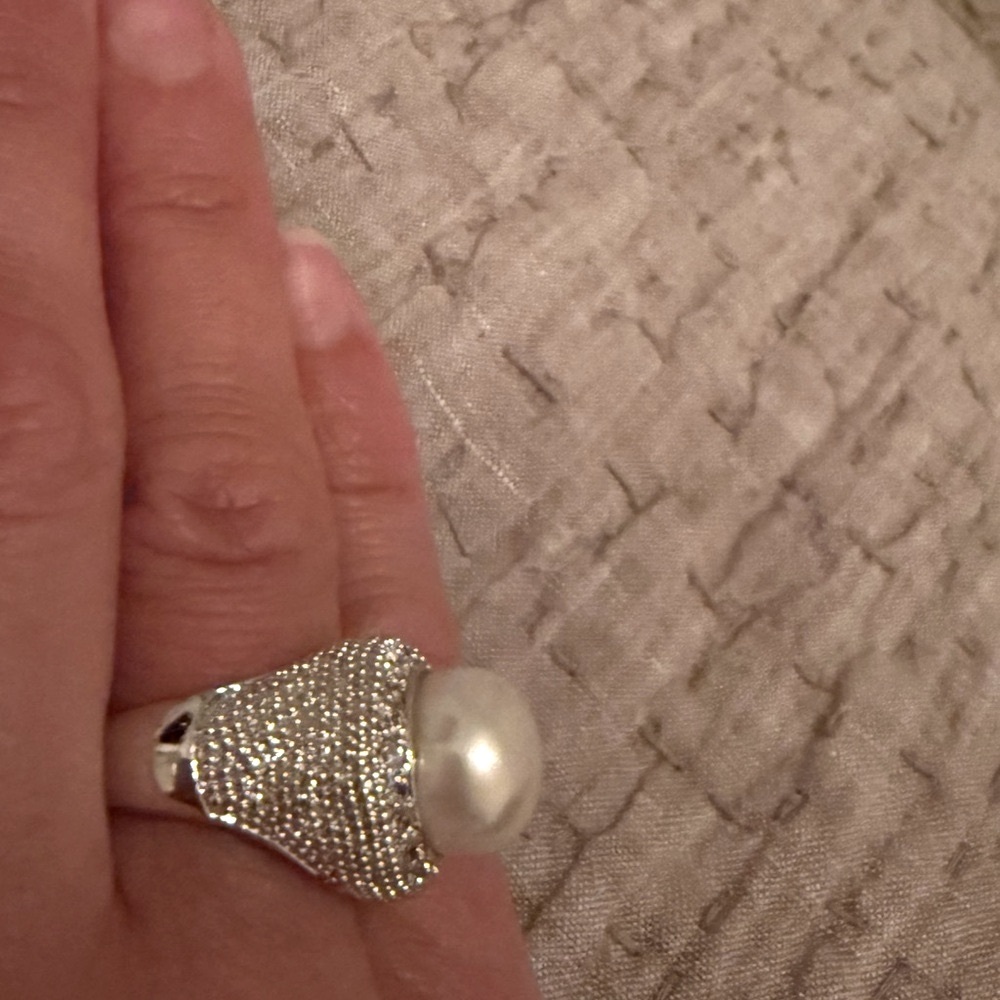 Statement Pearl Cocktail Ring 925 Sterling Silver Pavé CZ QVC Sz7 NWT - Picture 4 of 7